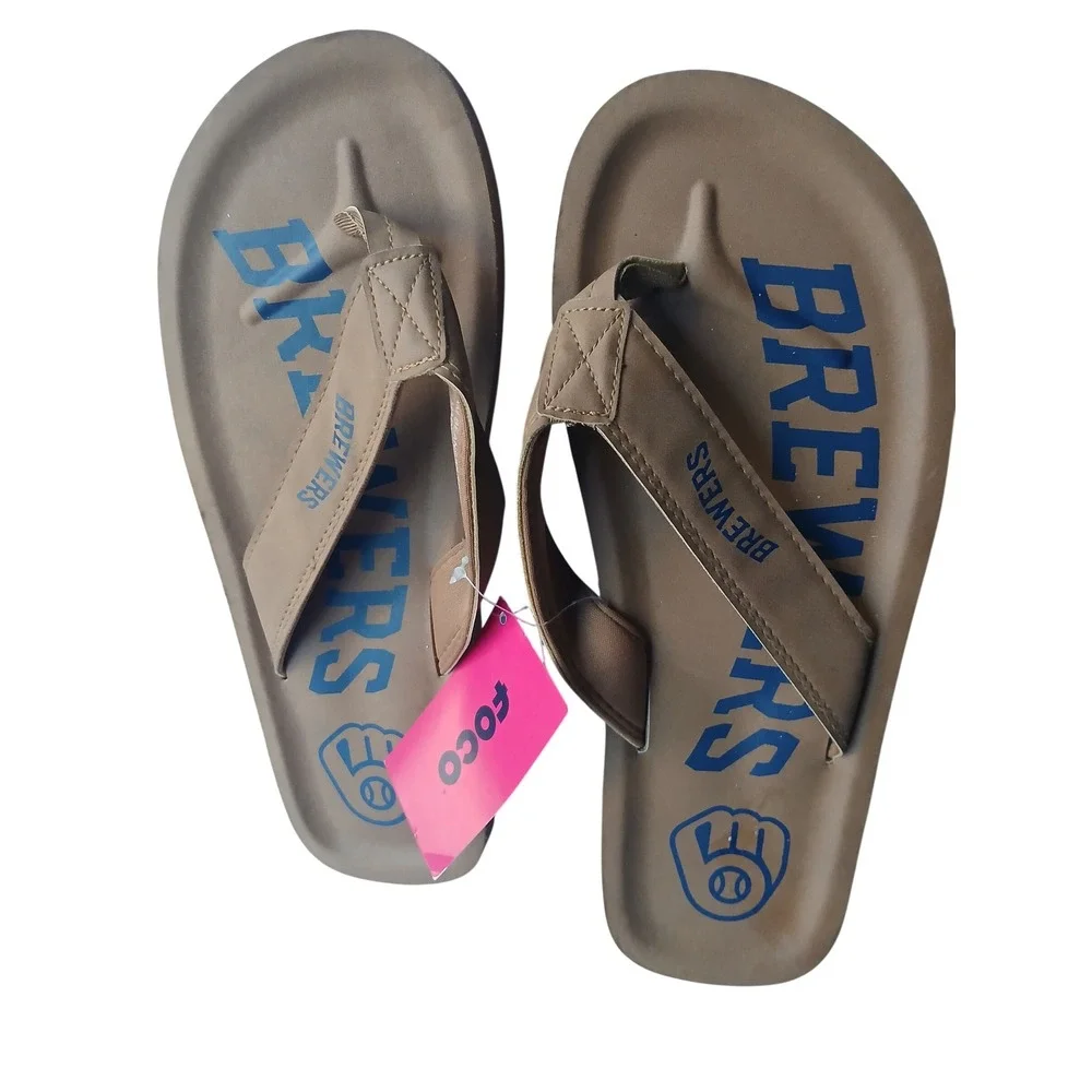 FOCO Milwaukee Brewers MLB Mens Tan Blue Flip Flop Sandals Size Large L New